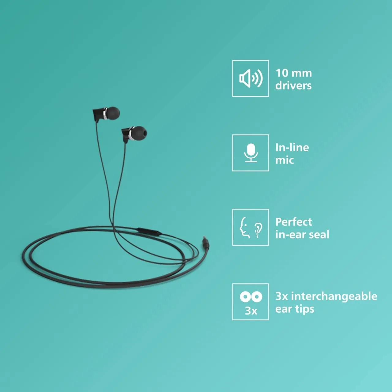 Philips Audio TAE1136 Wired in Ear Earphones with Built in Mic, 10 mm Driver, Powerful bass and Clear Sound